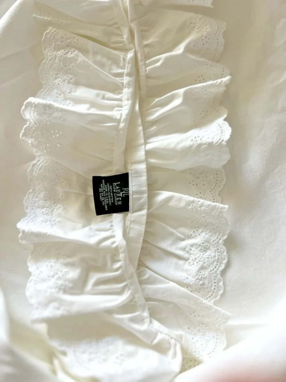 LAUREN RALPH LAUREN KING Flat Sheet Bromley White Ruffled Eyelet 100% Cotton USA